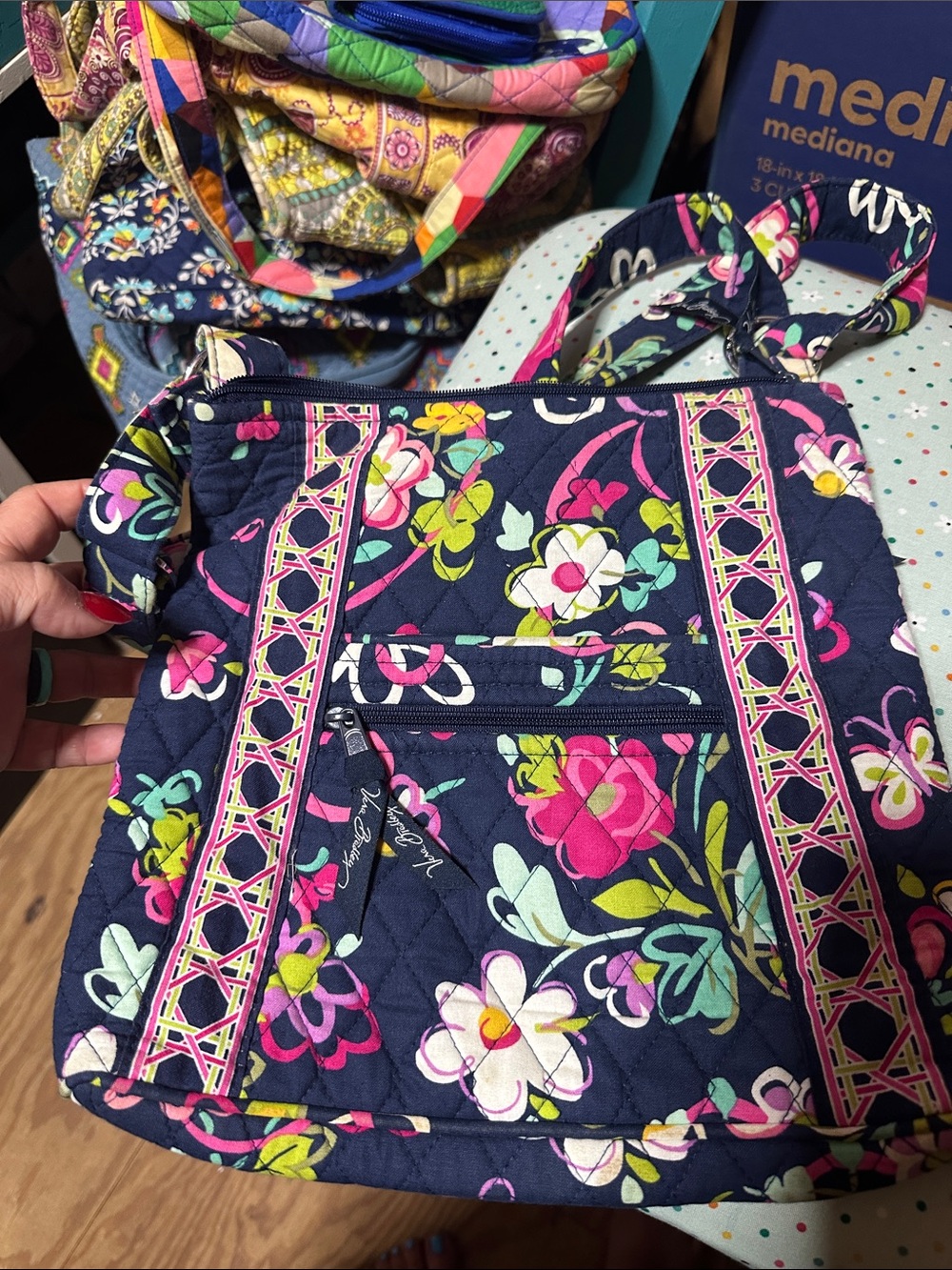 Vera Bradley Navy Floral Quilted Crossbody with Pink & Green Accents